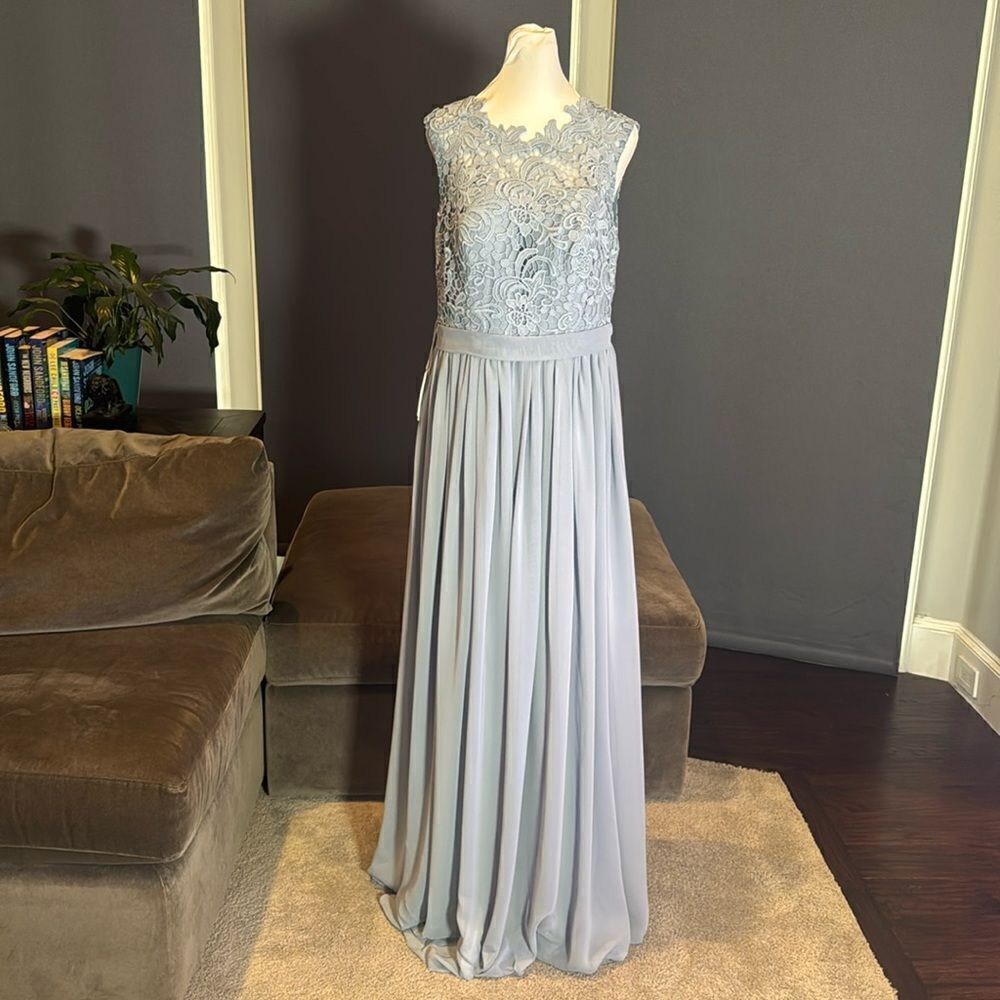 Women’s Blue Gray Chiffon & Lace Full Length Bridesmaid Formal Dress Size 12 NWT